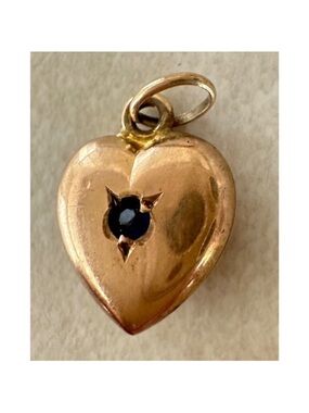 Antique 9k Gold Puffy Heart Pendant with Sapphire Victorian